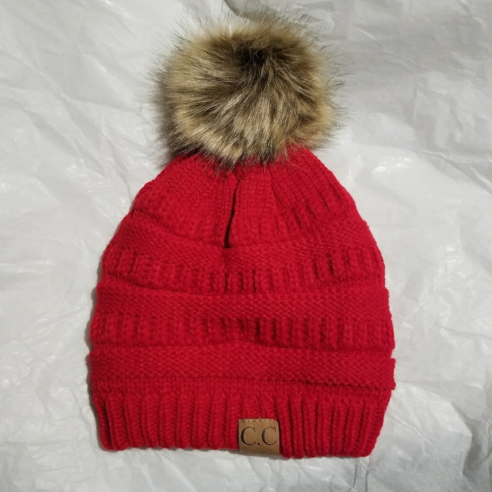 Red C.C Beanie Adult Size Beanie with Pom Pom